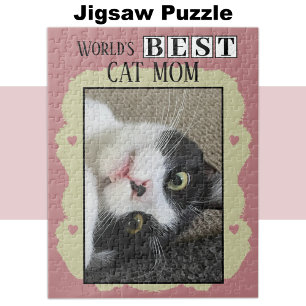 Best cat mom add photo pink green jigsaw puzzle
