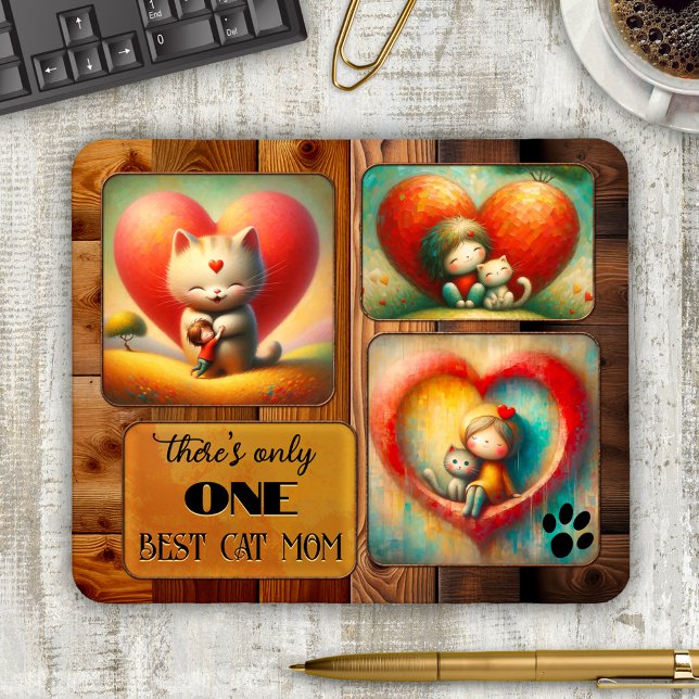 Best Cat Mom Art or Photo Mouse Pad (Cat mom mouse pad featuring 3 colorful cat art works or your photos on an elegant wood design)
