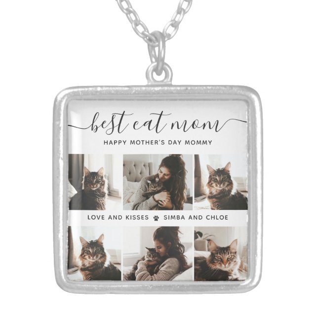 Best Cat Mom: Custom Mother's Day Cat Photo Silver Plated Necklace (Front)