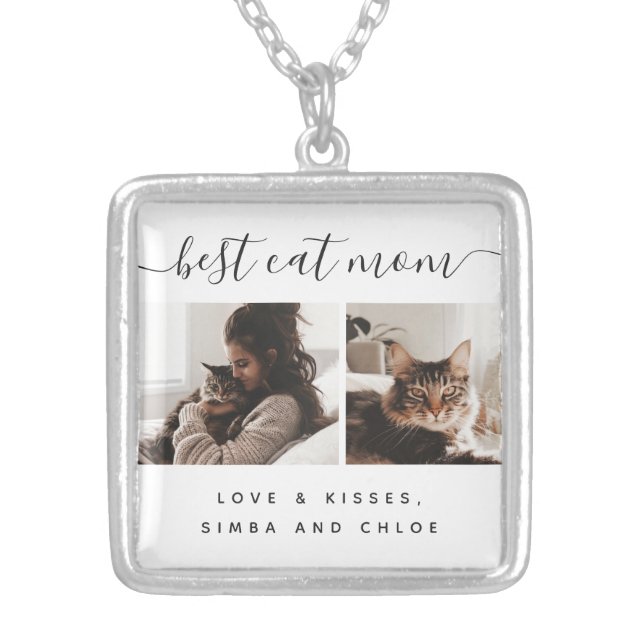 Best Cat Mom: Custom Mother's Day Cat Photo Silver Plated Necklace (Front)