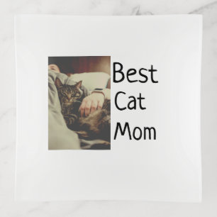 Best cat mom dad add cat photo name gift template trinket tray