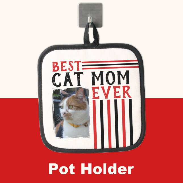 Best cat mom ever add photo red pot holder (Creator Uploaded)