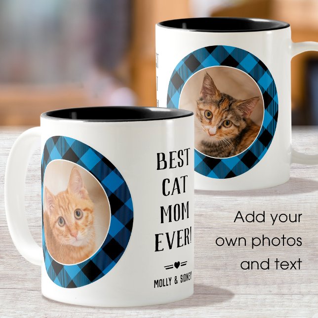 Best Cat Mom Ever Buffalo Plaid Blue Photo Name  Two-Tone Coffee Mug (Creator Uploaded)