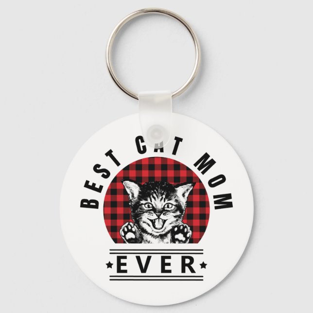 Best Cat Mom Ever Buffalo Plaid Keychain (Front)