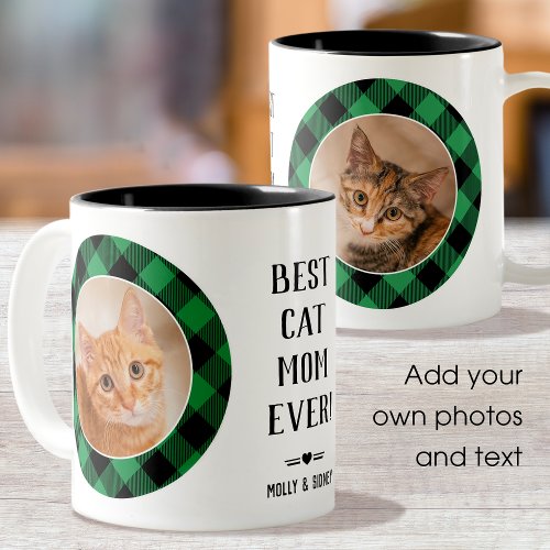 Best Cat Mom Ever Buffalo Plaid Photo Name Green Two_Tone Coffee Mug