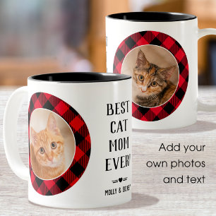Best Cat Mom Ever Buffalo Plaid Red Photo Name Two-Tone Coffee Mug