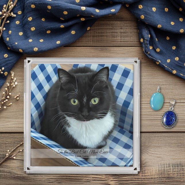 Best Cat Mom Ever Custom Photo and Text Acrylic Tray (Creator Uploaded)