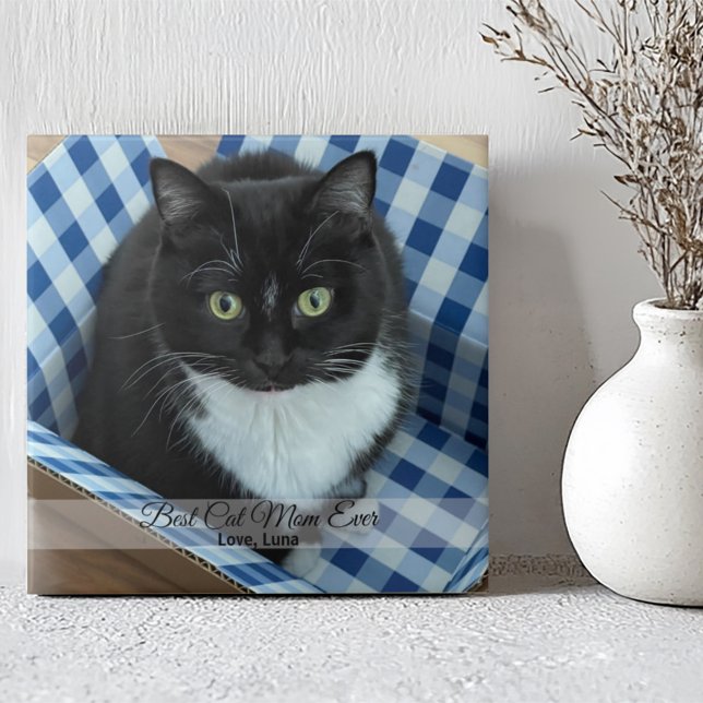 Best Cat Mom Ever Custom Photo and Text Ceramic Tile (Creator Uploaded)