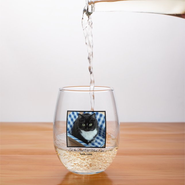 Best Cat Mom Ever Custom Photo and Text Stemless Wine Glass (Creator Uploaded)