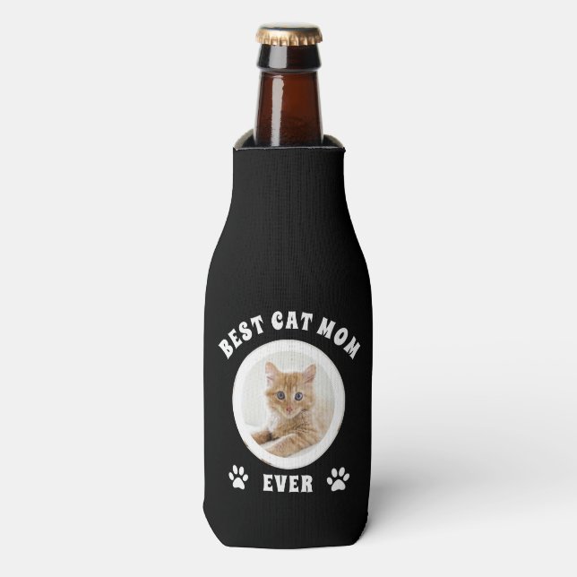 Best Cat Mom Ever Custom Photo Personalized Bottle Cooler (Bottle Front)