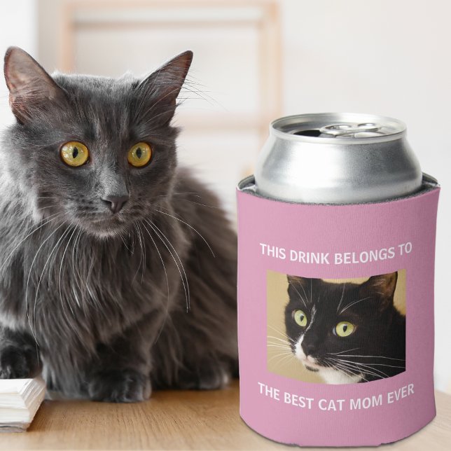 Best Cat Mom Ever Custom Photo Pink Can Cooler (Celebrate the best cat mom ever with a custom photo can cooler!)