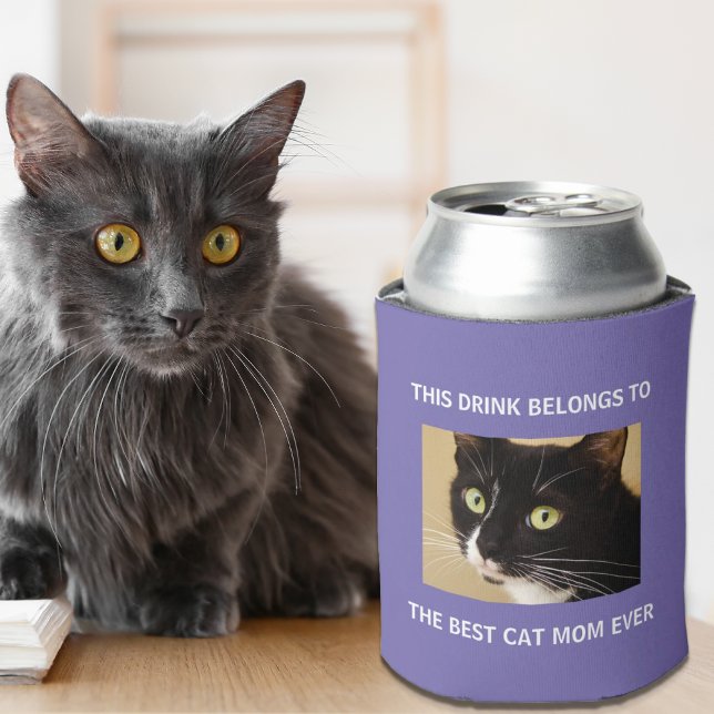 Best Cat Mom Ever Custom Photo Purple Can Cooler (Celebrate the best cat mom ever with a custom photo can cooler!)