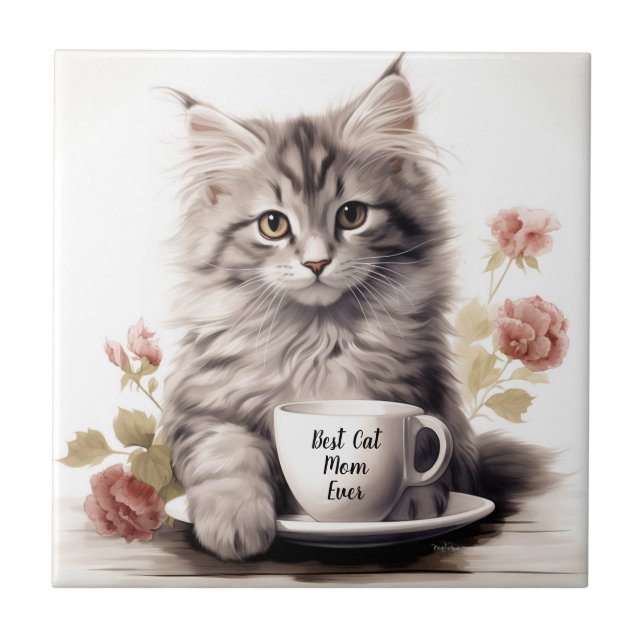 Best Cat Mom Ever Cute Kitten Ceramic Tile (Front)