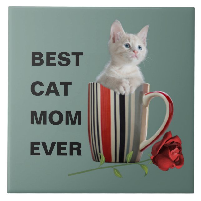 Best Cat Mom Ever Cute Kitten Mug Rose  Ceramic Tile (Front)
