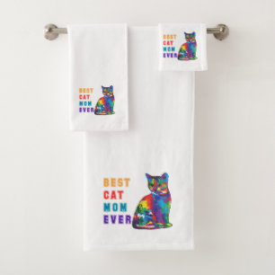 Best Cat Mom Ever Happy Colorful Cat Lover Bath Towel Set