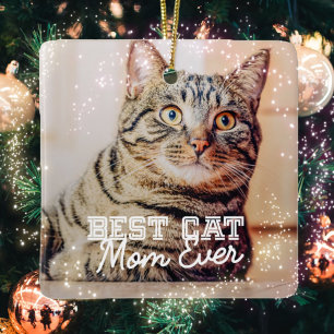 Best Cat Mom Ever Modern Custom Pet Photo Ceramic Ornament
