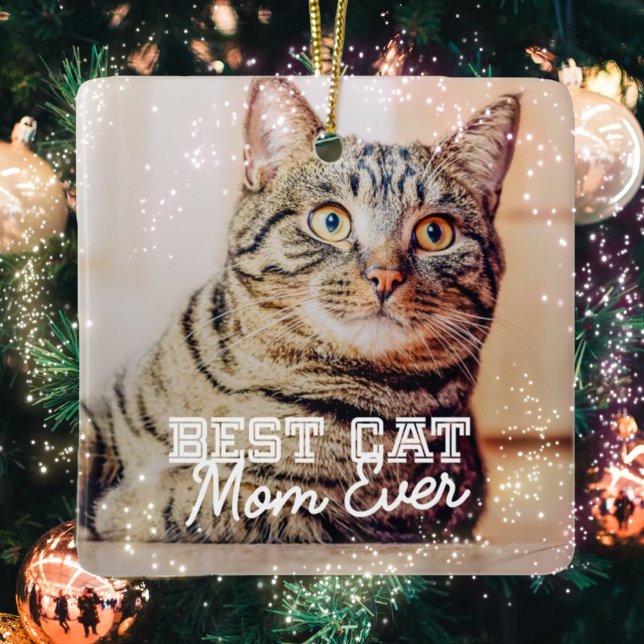 Best Cat Mom Ever Modern Custom Pet Photo Ceramic Ornament (Creator Uploaded)