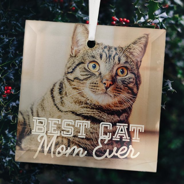 Best Cat Mom Ever Modern Custom Pet Photo Glass Ornament (Creator Uploaded)