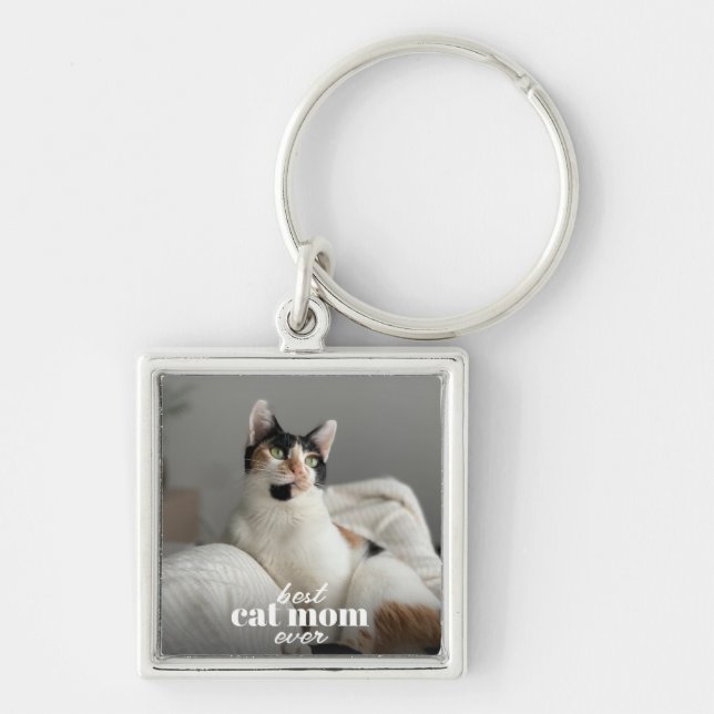 Best Cat Mom Ever Modern Custom Pet Photo Keychain (Front)