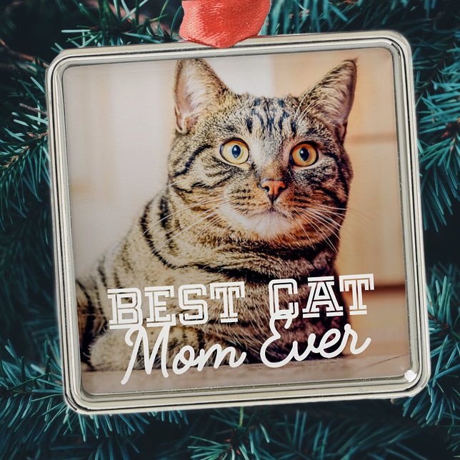 Best Cat Mom Ever Modern Custom Pet Photo Metal Ornament (Creator Uploaded)