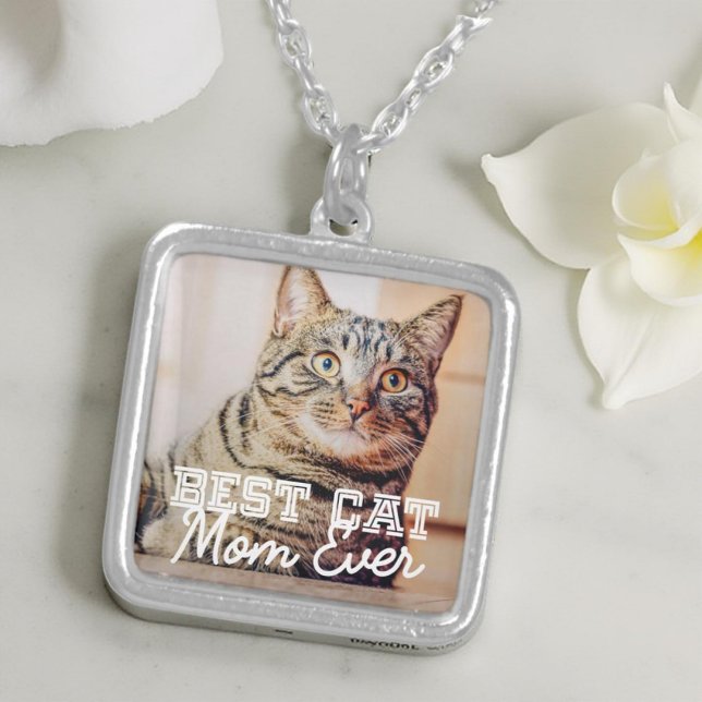 Best Cat Mom Ever Modern Custom Pet Photo Silver Plated Necklace (Creator Uploaded)