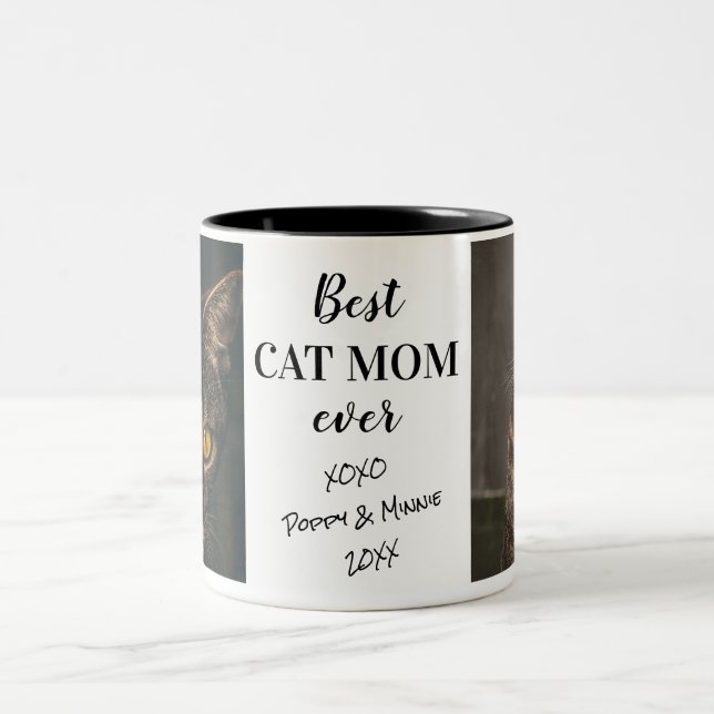 Best Cat Mom Ever Personalized Photos  Two-Tone Coffee Mug (Center)