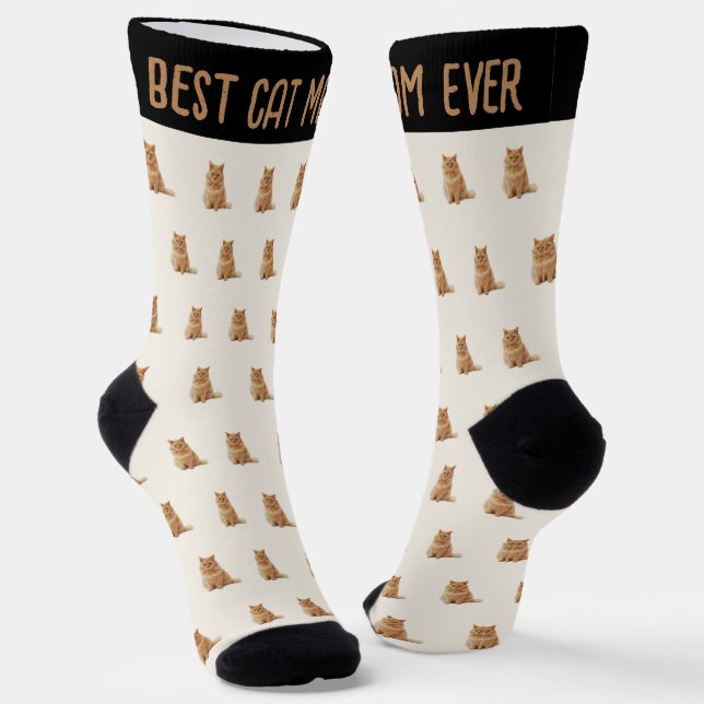 Best Cat Mom Ever Pet Photo Pattern Ivory Socks (Angled)