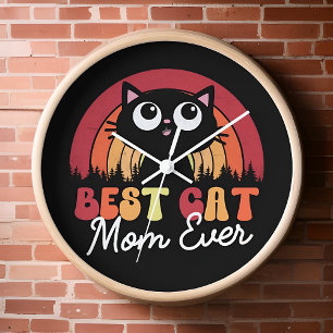 Best Cat Mom Ever Retro Vintage Rainbow Forest Clock