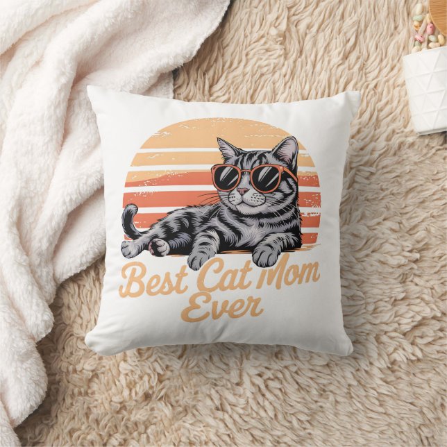 Best Cat Mom Ever Sweatshirt – Cool Cat with Sungl Throw Pillow (Blanket)