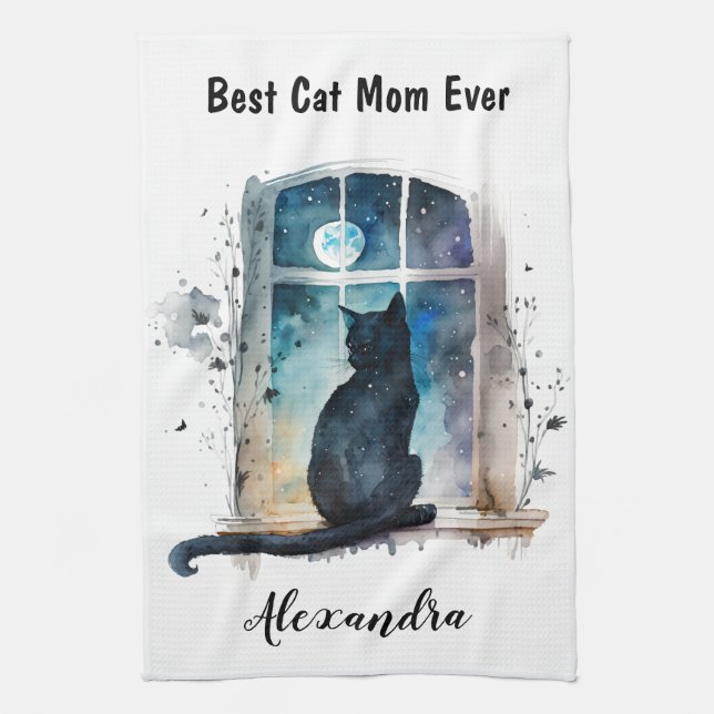Best Cat Mom Ever Window Silhouette Custom Text Kitchen Towel (Vertical)