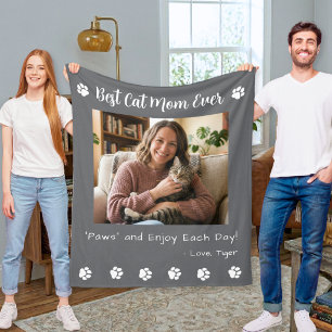 Best Cat Mom Paws Gray Pet Photo Fleece Blanket