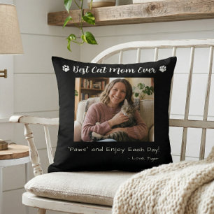 Best Cat Mom Paws Pet Photo Black Throw Pillow