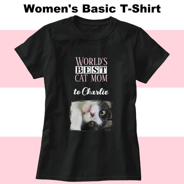 Best cat mom photo add name pink white T-Shirt (Creator Uploaded)