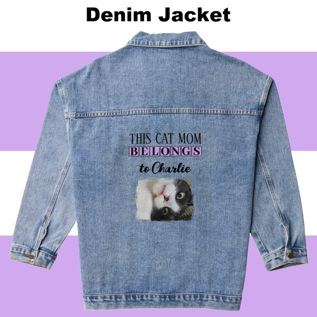 Best cat mom photo add name purple denim jacket (Creator Uploaded)