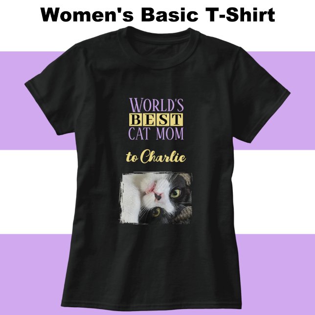 Best cat mom photo add name purple yellow T-Shirt (Creator Uploaded)