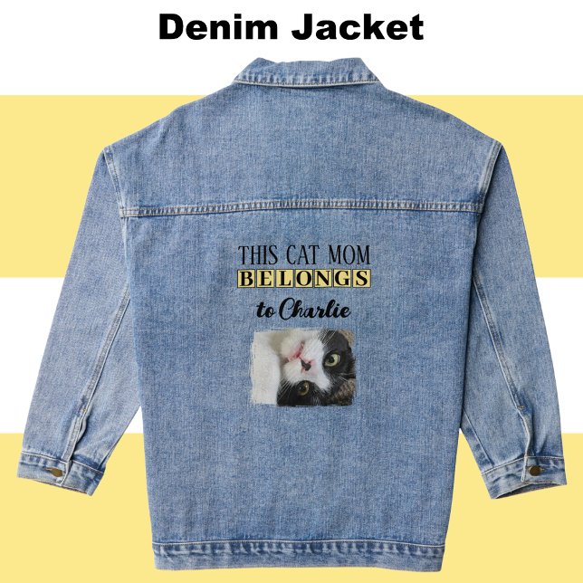 Best cat mom photo add name yellow denim jacket (Creator Uploaded)