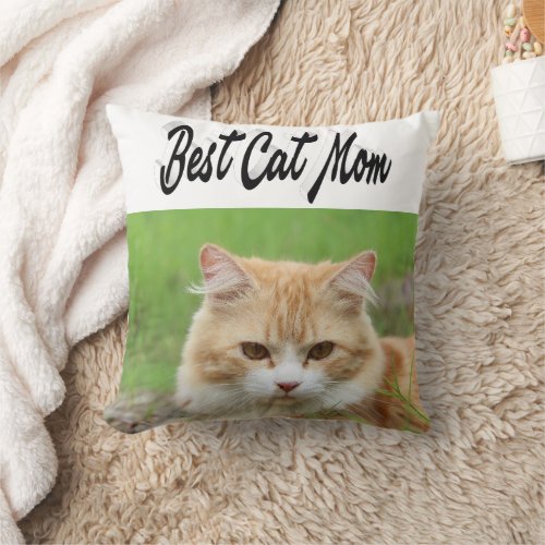 Best Cat Mom Photo Black  text  Throw Pillow