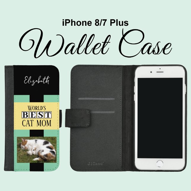 Best cat mom photo name green yellow iPhone wallet case (Creator Uploaded)