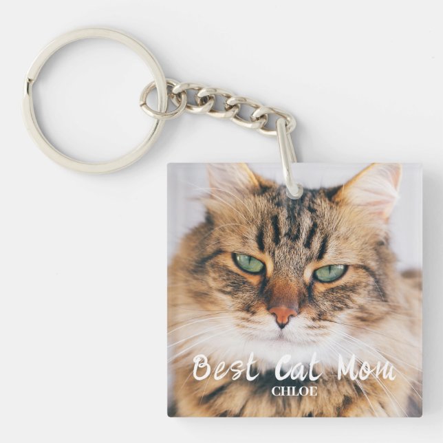 Best Cat Mom Photo Name Keychain (Front)
