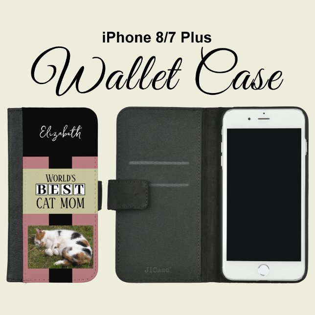 Best cat mom photo name pink green iPhone wallet case (Creator Uploaded)