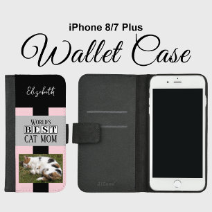 Best cat mom photo name pink grey iPhone 8/7 plus wallet case