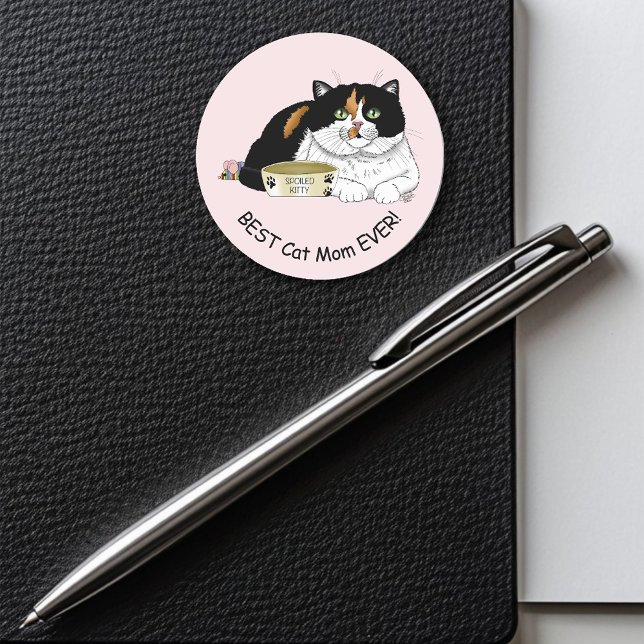 Best Cat Mom Spoiled Calico Mother’s Day Pink Classic Round Sticker (Creator Uploaded)