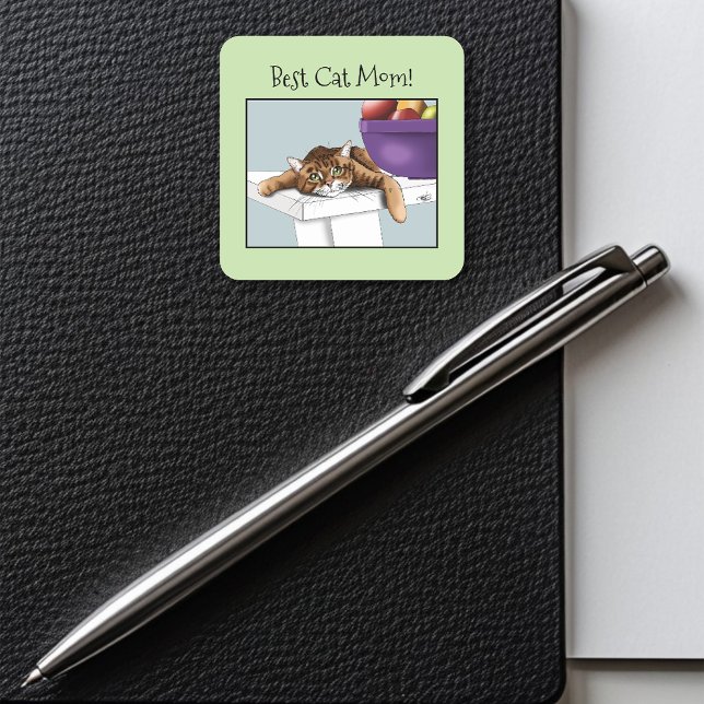 Best Cat Mom Sweet Tabby Cat Mother’s Day Green Square Sticker (Creator Uploaded)