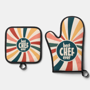 Best Chef Ever Colorful Retro Pattern Cooking Oven Mitt & Pot Holder Set