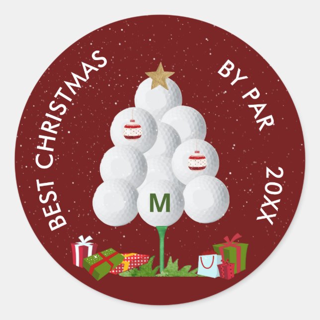 Best Christmas by Par Golf Ball Tree Initial Year Classic Round Sticker (Front)