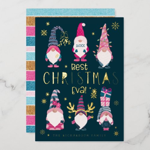 Best Christmas Eva Funny  Bright Gnomes Foil Holiday Card