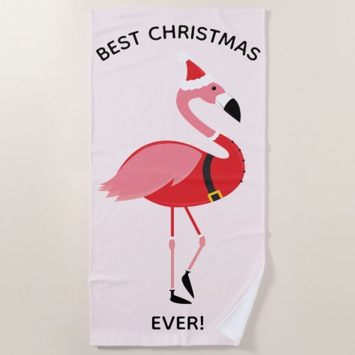 Best Christmas Ever Pink Flamingo Santa Beach Towel