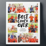 Best coach ever eight photo collage coach gift plaque<br><div class="desc">Celebrate a great coach and say thank you for a great season with this 8 photo "best coach ever" collage. The bold trendy type includes a spot for a name and record or other stats. The black text is surrounded by photos - 6 square and 2 horizontal. Find more coach...</div>