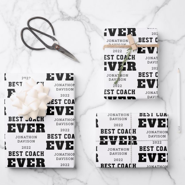 Best Coach Ever Name Year White Black Wrapping Paper Sheets (Front)