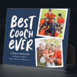 Best coach ever navy two photo team thank you plaque<br><div class="desc">Say thank you to a great coach and celebrate a wonderful season with this fun two-photo plaque with a navy and white color scheme. Personalize it with your own text too to commemorate a successful season. Makes a great way to show your appreciation for any sports season and athletes young...</div>